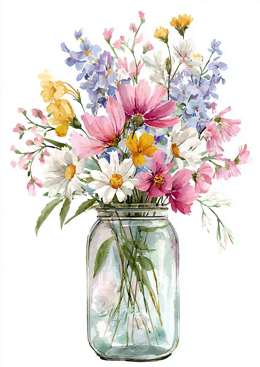 Vibrant artwork of a bouquet of flowers in a glass jar against a white background.